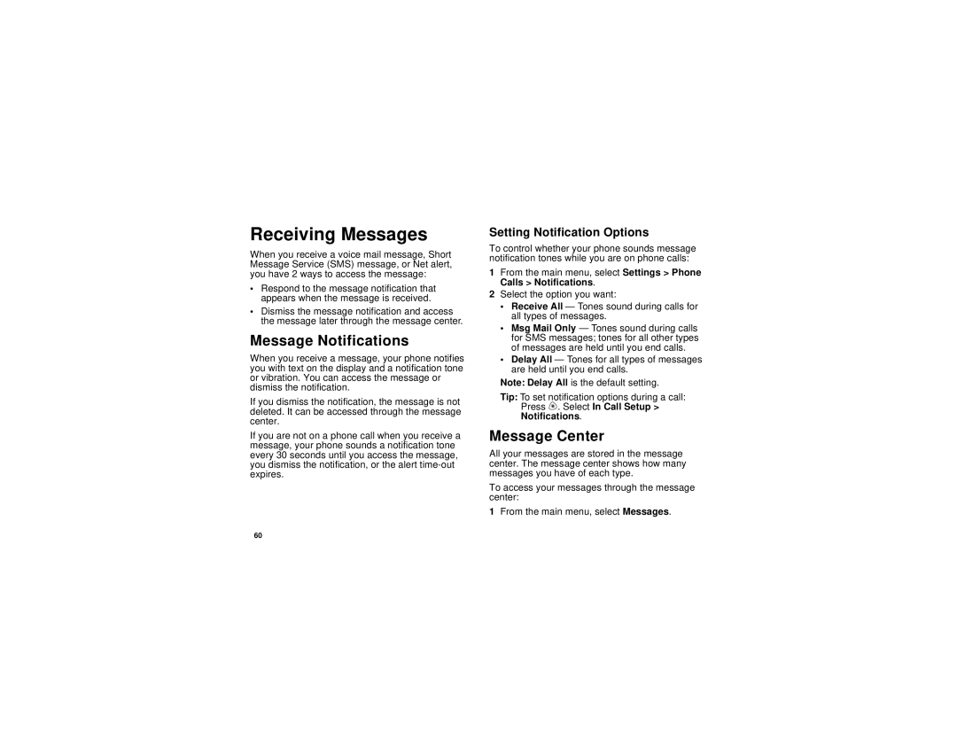 Motorola i710 manual Receiving Messages, Message Notifications, Message Center, Setting Notification Options 