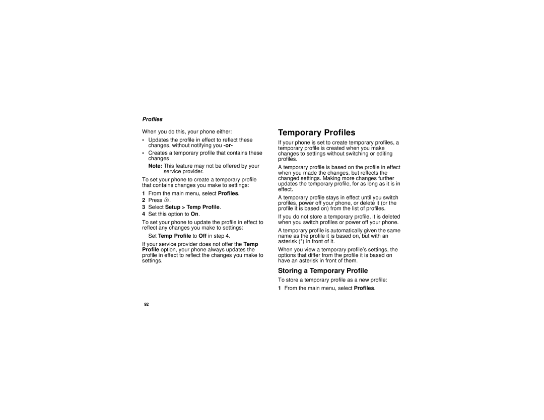 Motorola i710 manual Temporary Profiles, Storing a Temporary Profile, Select Setup Temp Profile 