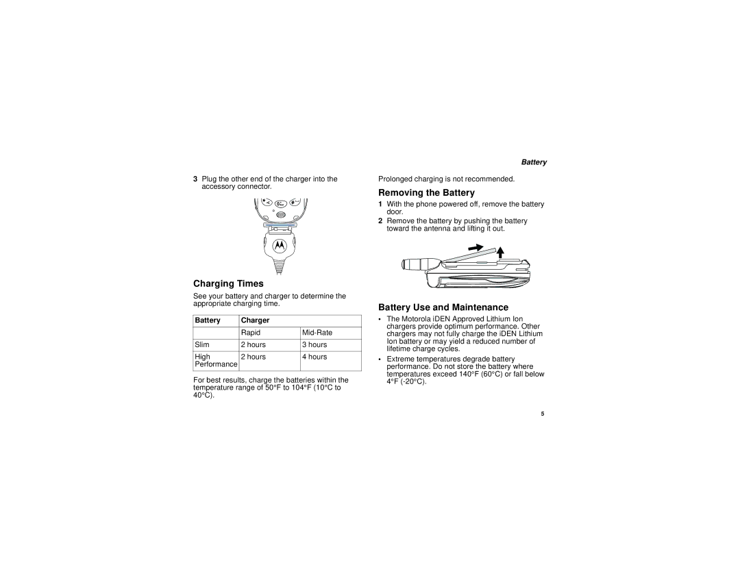 Motorola i710 manual Charging Times, Removing the Battery, Battery Use and Maintenance, Battery Charger 