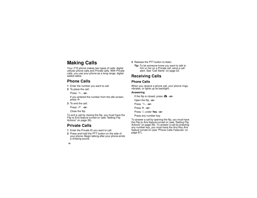 Motorola i710 manual Making Calls, Phone Calls, Private Calls, Receiving Calls 