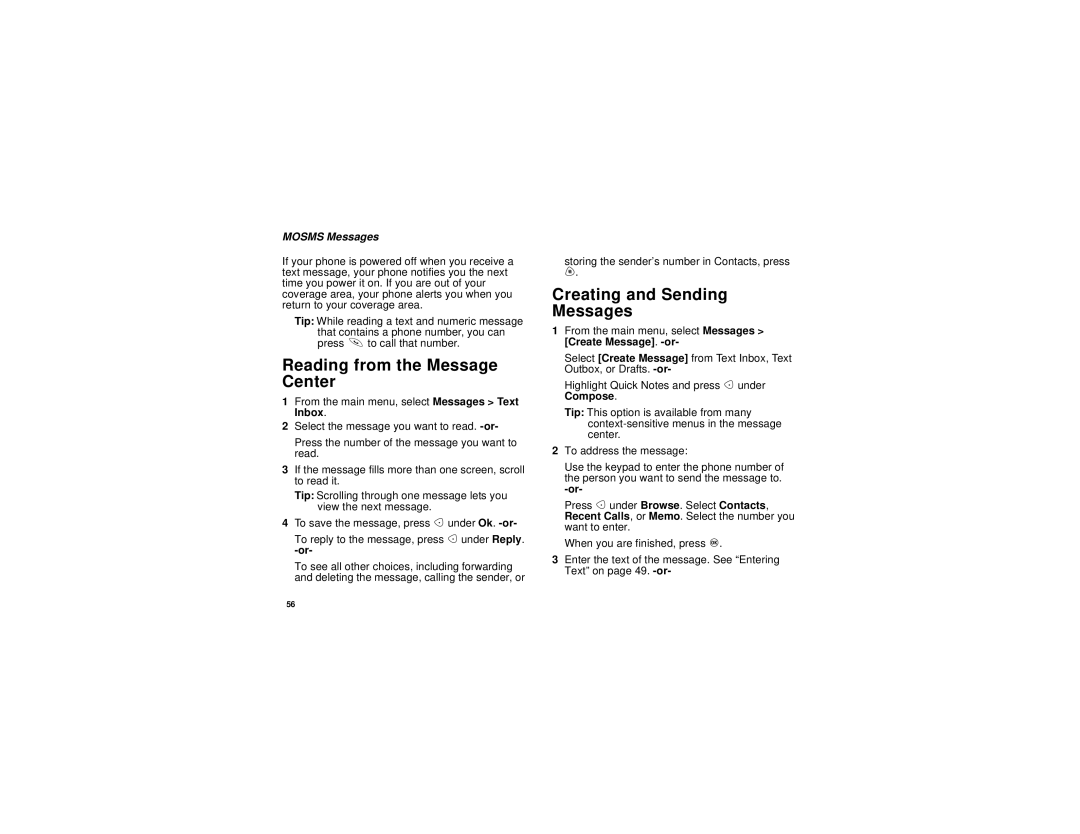 Motorola i710 manual Reading from the Message Center, Creating and Sending Messages, Mosms Messages 