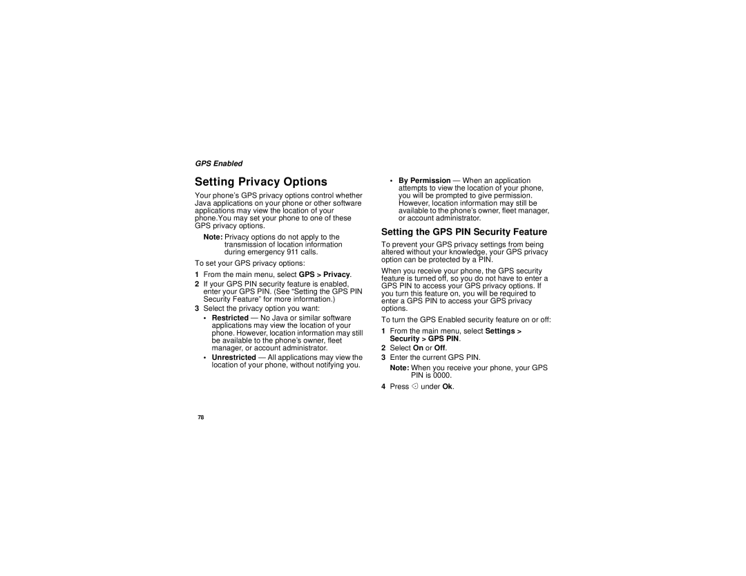 Motorola i710 manual Setting Privacy Options, Setting the GPS PIN Security Feature 