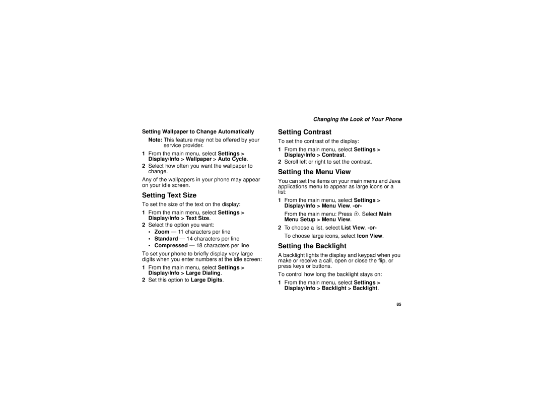 Motorola i710 manual Setting Text Size, Setting Contrast, Setting the Menu View, Setting the Backlight 