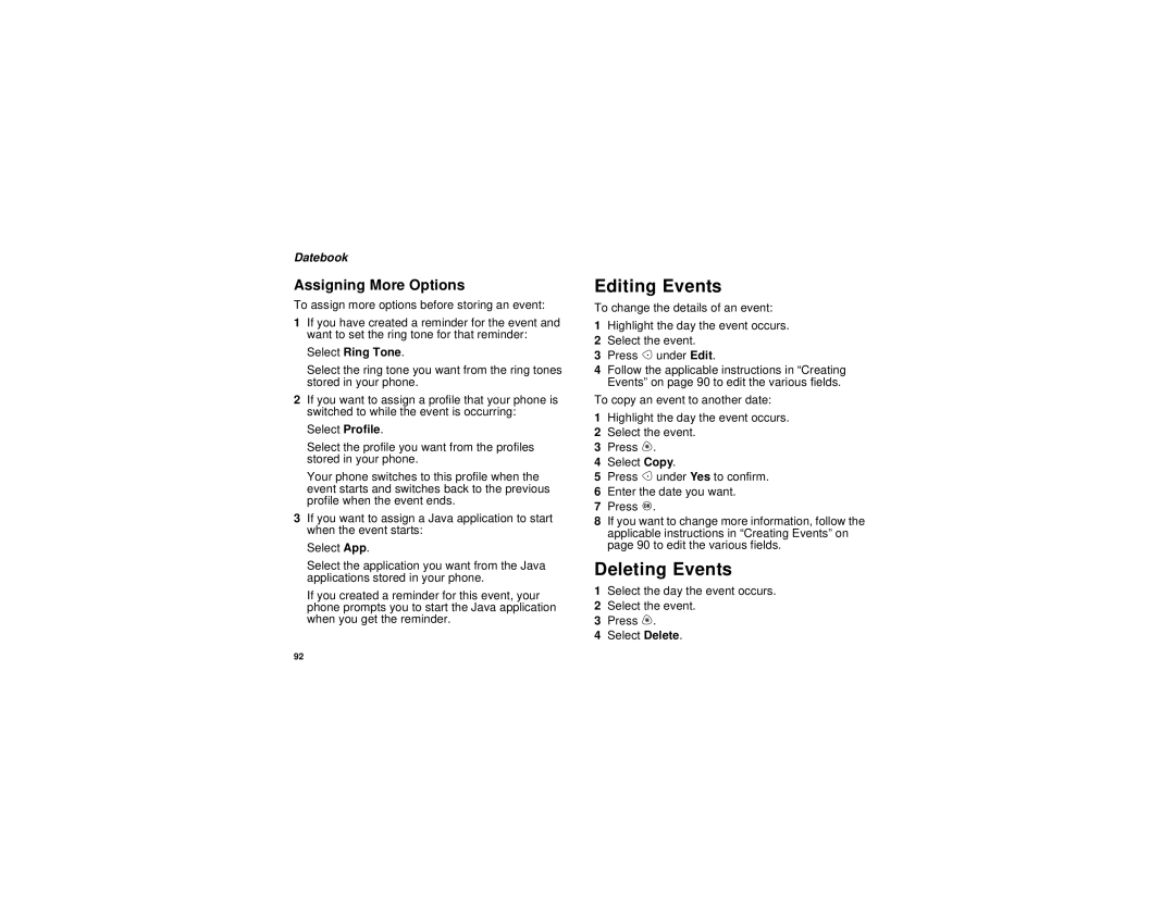 Motorola i730 manual Editing Events, Deleting Events, Assigning More Options, Select Ring Tone 