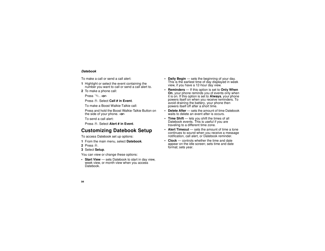 Motorola i730 manual Customizing Datebook Setup, To make a call or send a call alert 