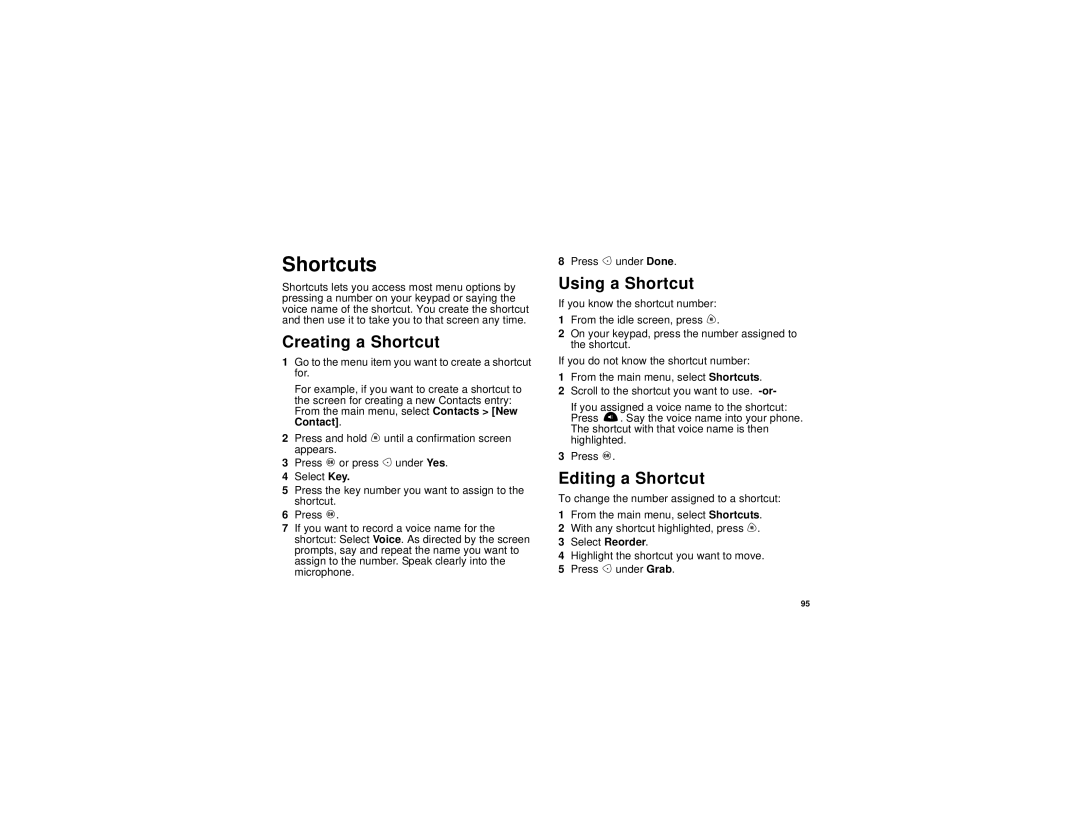 Motorola i730 manual Shortcuts, Creating a Shortcut, Using a Shortcut, Editing a Shortcut 