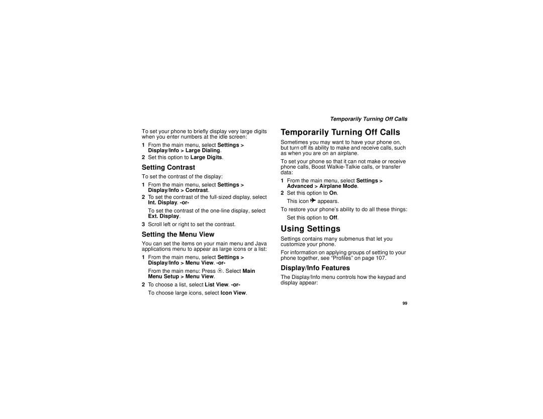 Motorola i730 manual Temporarily Turning Off Calls, Using Settings, Setting Contrast, Setting the Menu View 