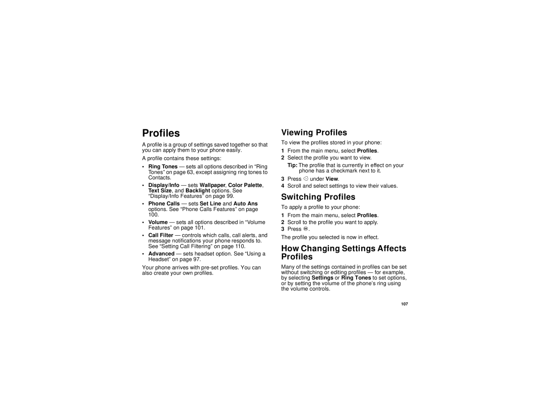 Motorola i730 manual Viewing Profiles, Switching Profiles, How Changing Settings Affects Profiles 