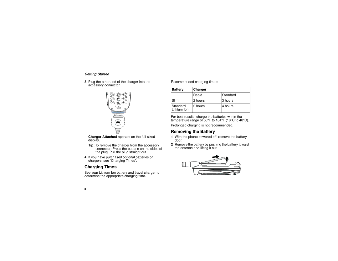 Motorola i730 Charging Times, Removing the Battery, Charger Attached appears on the full-sized display, Battery Charger 