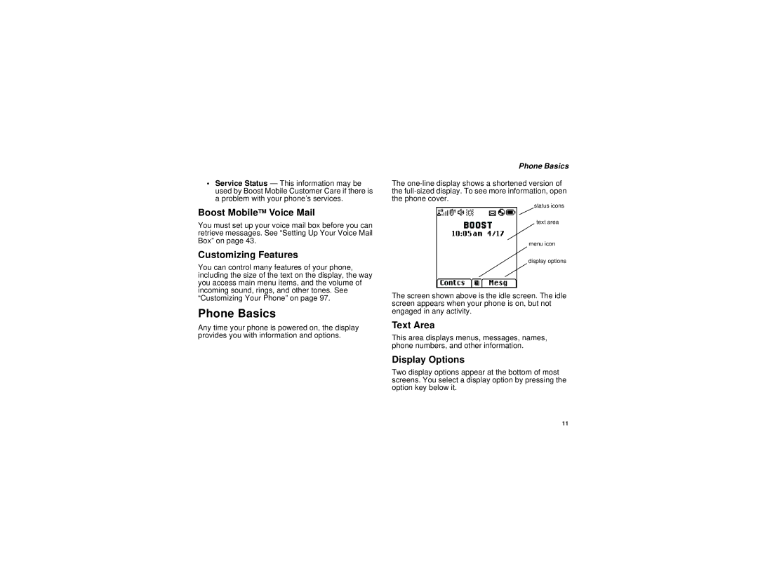 Motorola i730 manual Phone Basics, Boost MobileTM Voice Mail, Customizing Features, Text Area, Display Options 