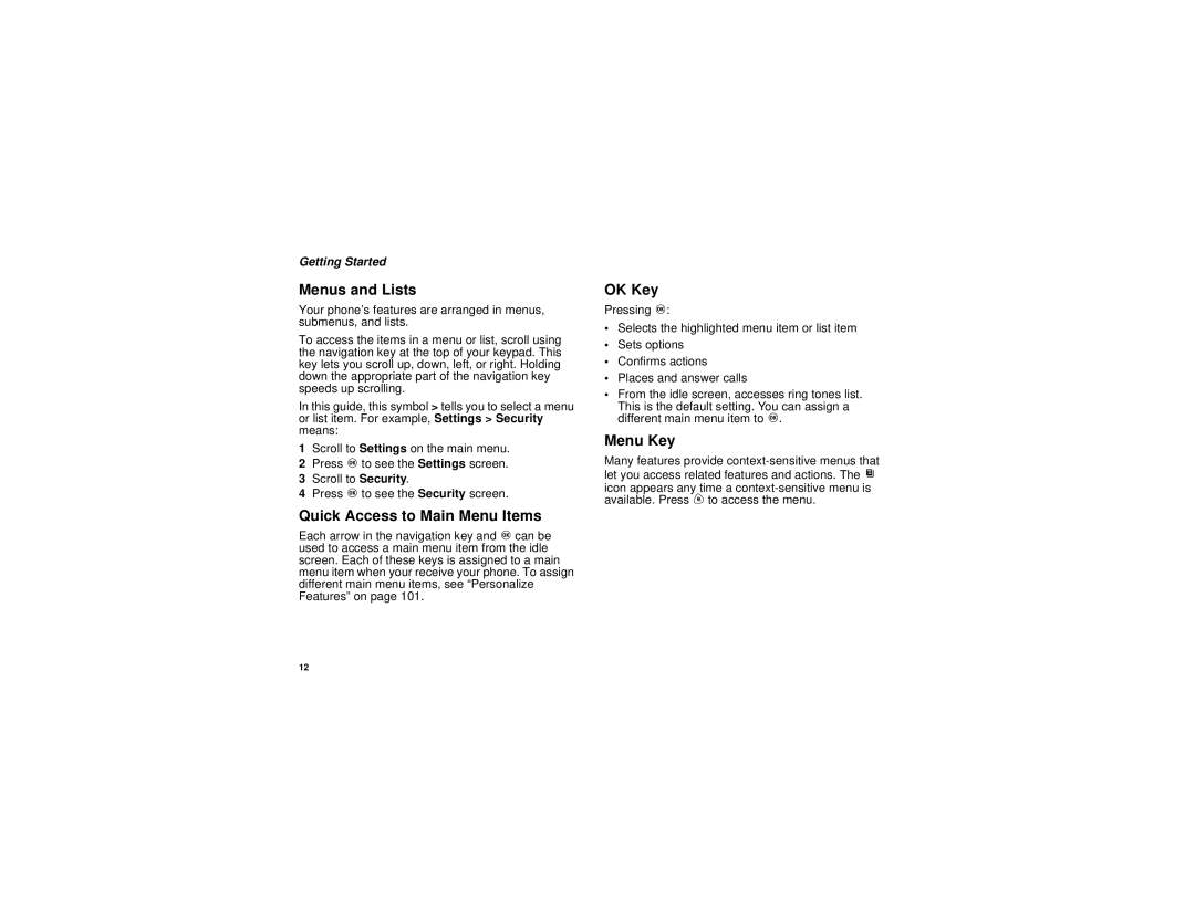 Motorola i730 manual Menus and Lists, Quick Access to Main Menu Items, OK Key, Menu Key 