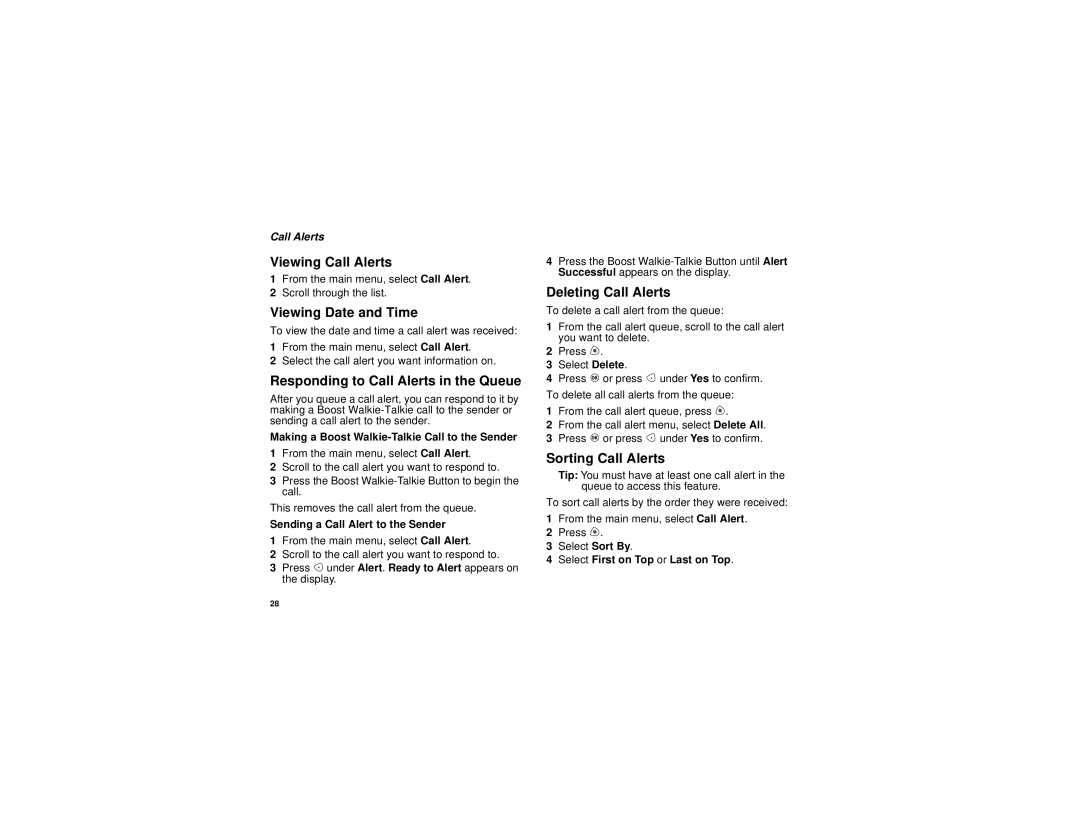 Motorola i730 Viewing Call Alerts, Viewing Date and Time, Responding to Call Alerts in the Queue, Deleting Call Alerts 