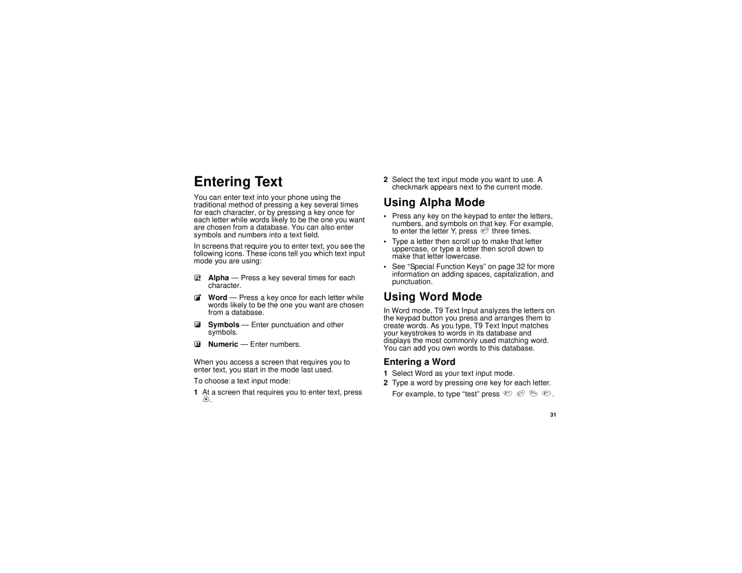 Motorola i730 manual Entering Text, Using Alpha Mode, Using Word Mode, Entering a Word 