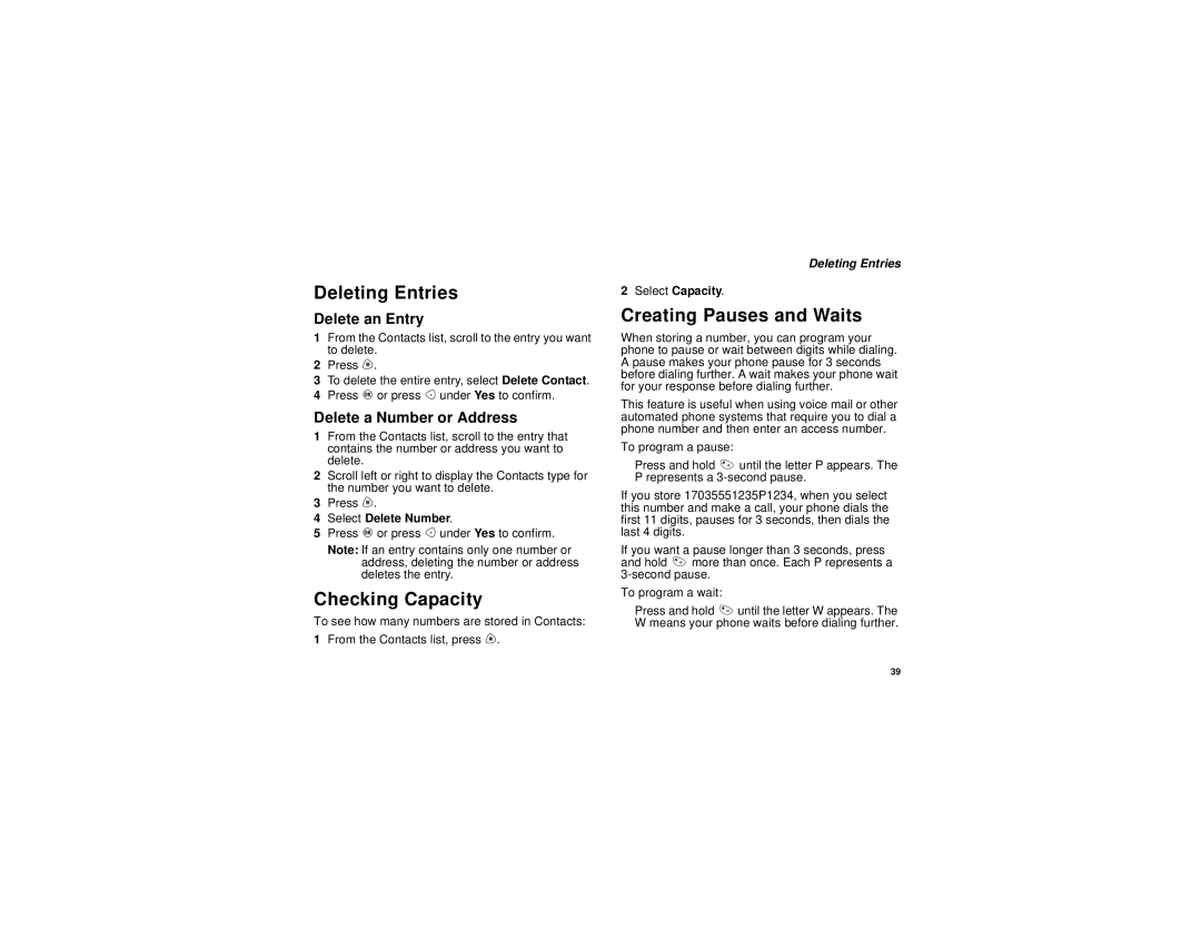 Motorola i730 Deleting Entries, Checking Capacity, Creating Pauses and Waits, Delete an Entry, Delete a Number or Address 