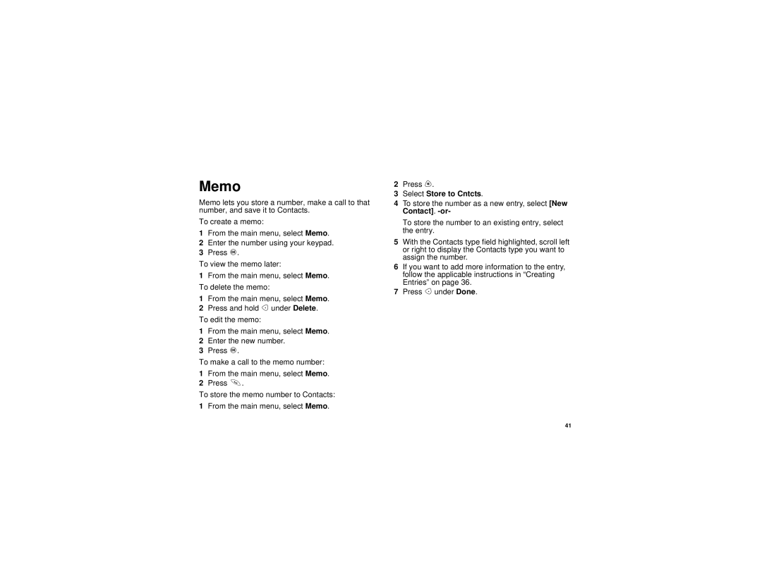 Motorola i730 manual Memo, Select Store to Cntcts 