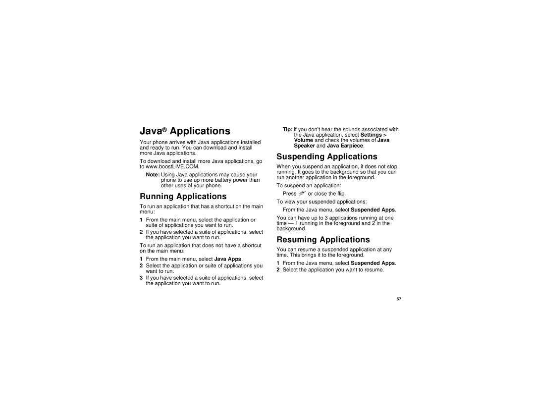 Motorola i730 manual Java Applications, Running Applications, Suspending Applications, Resuming Applications 