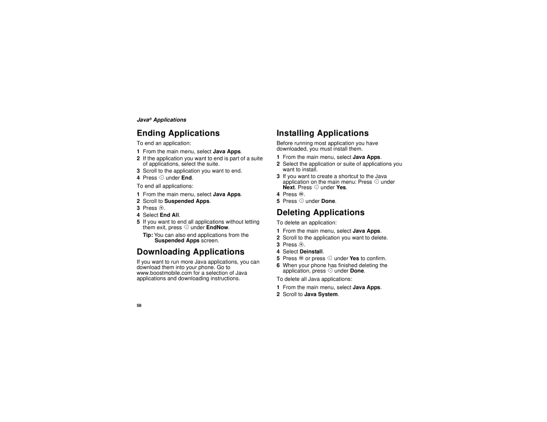 Motorola i730 manual Ending Applications, Downloading Applications Installing Applications, Deleting Applications 