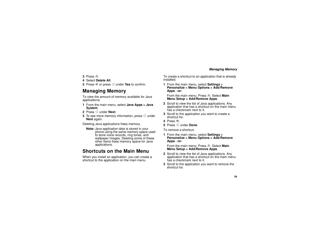 Motorola i730 manual Managing Memory, Shortcuts on the Main Menu, Personalize Menu Options Add/Remove Apps. -or 