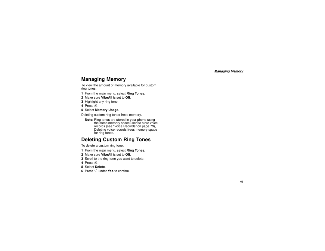 Motorola i730 manual Deleting Custom Ring Tones, Select Memory Usage 
