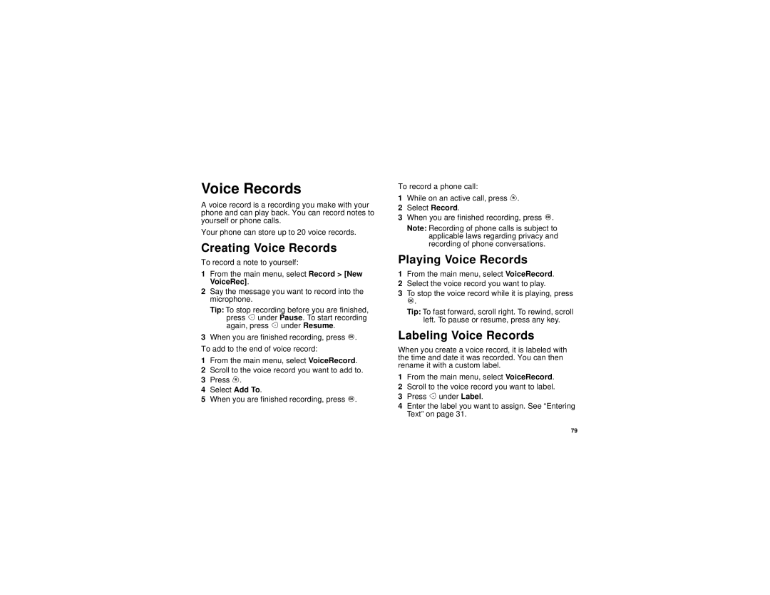 Motorola i730 manual Creating Voice Records, Playing Voice Records, Labeling Voice Records 