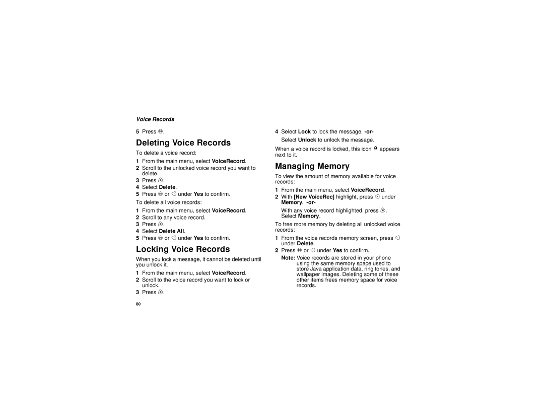 Motorola i730 manual Deleting Voice Records, Locking Voice Records 