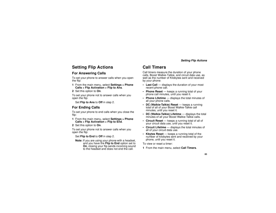 Motorola i730 manual Setting Flip Actions, Call Timers, For Answering Calls, For Ending Calls 