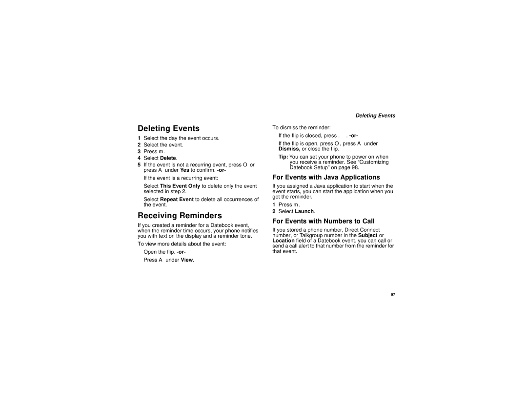 Motorola i736 Deleting Events, Receiving Reminders, For Events with Java Applications, For Events with Numbers to Call 