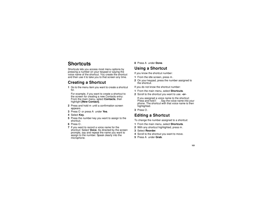 Motorola i736 manual Shortcuts, Creating a Shortcut, Using a Shortcut, Editing a Shortcut 