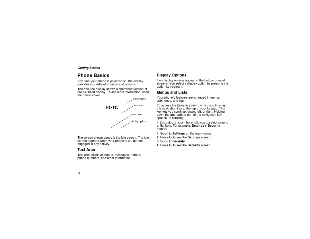 Motorola i736 manual Phone Basics, Text Area, Display Options, Menus and Lists 