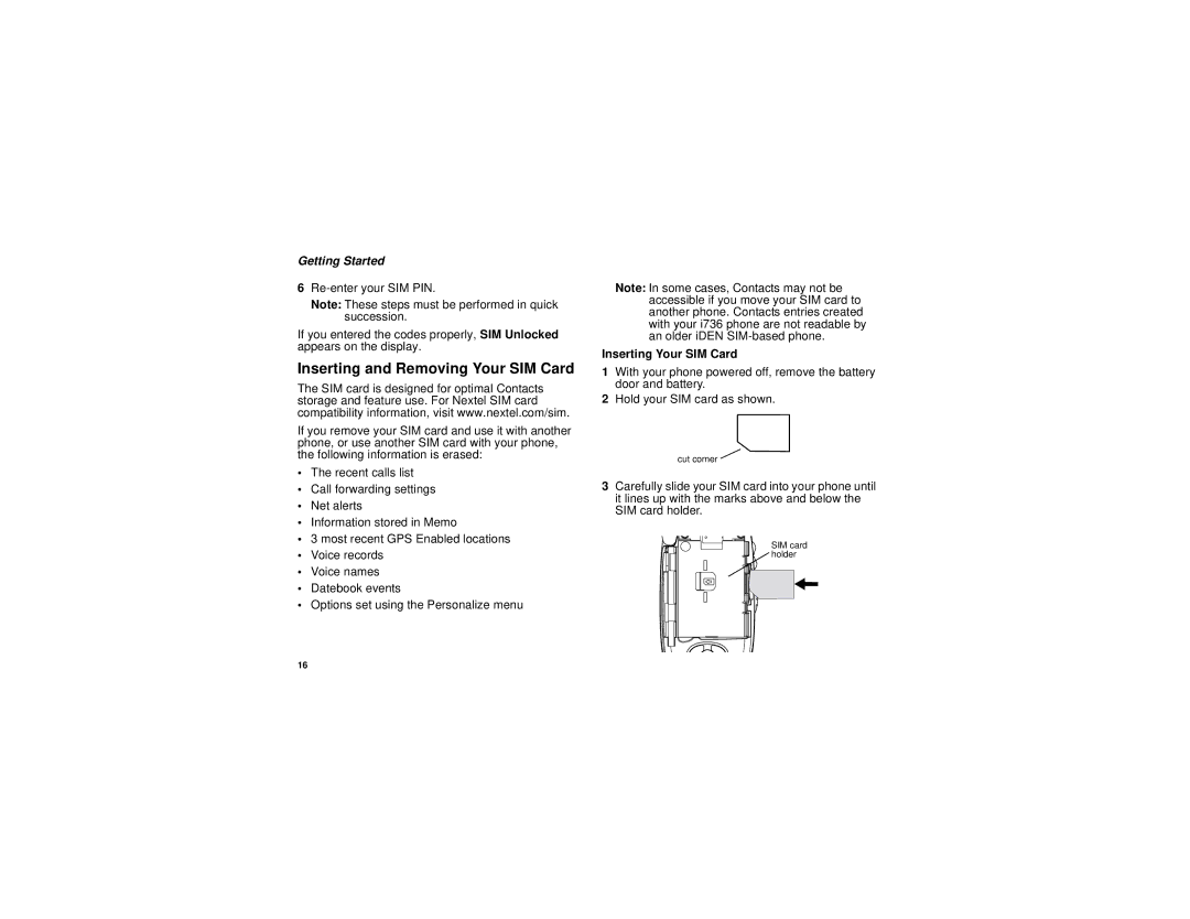 Motorola i736 manual Inserting and Removing Your SIM Card, Inserting Your SIM Card 