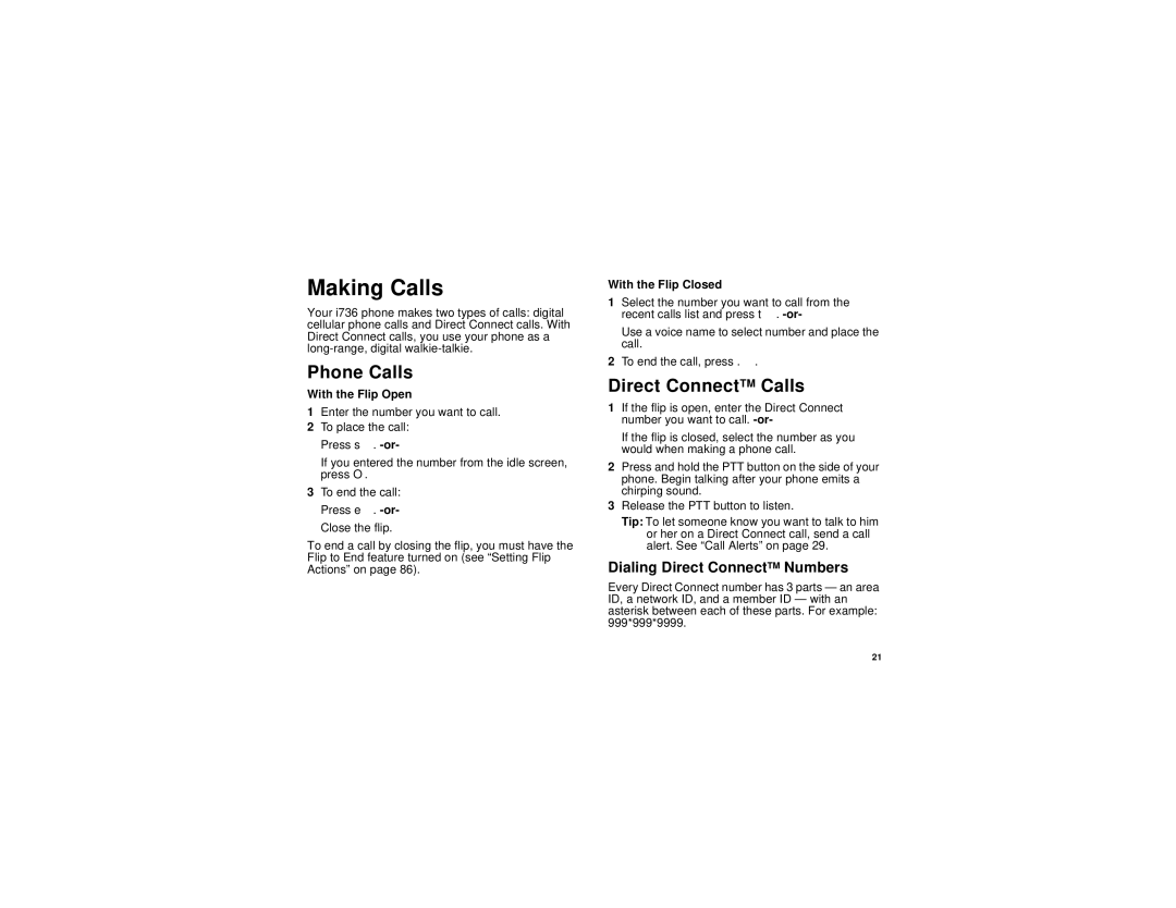 Motorola i736 manual Making Calls, Phone Calls, Direct ConnectTM Calls, Dialing Direct ConnectTM Numbers 