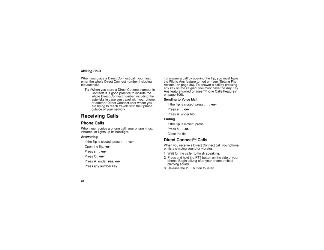 Motorola i736 manual Receiving Calls, Phone Calls, Direct ConnectTM Calls, Making Calls 