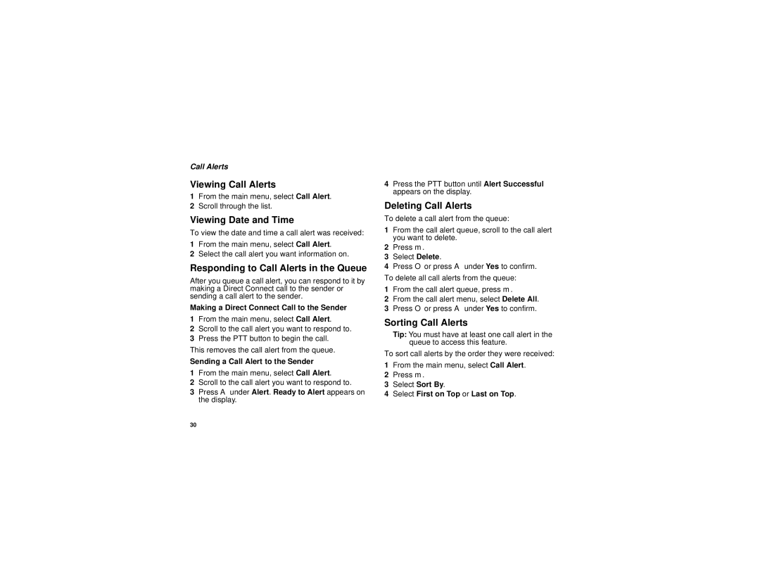 Motorola i736 Viewing Call Alerts, Viewing Date and Time, Responding to Call Alerts in the Queue, Deleting Call Alerts 