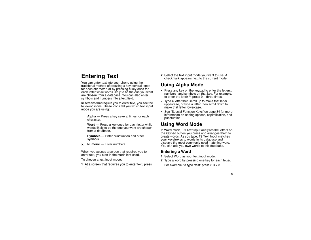 Motorola i736 manual Entering Text, Using Alpha Mode, Using Word Mode, Entering a Word 