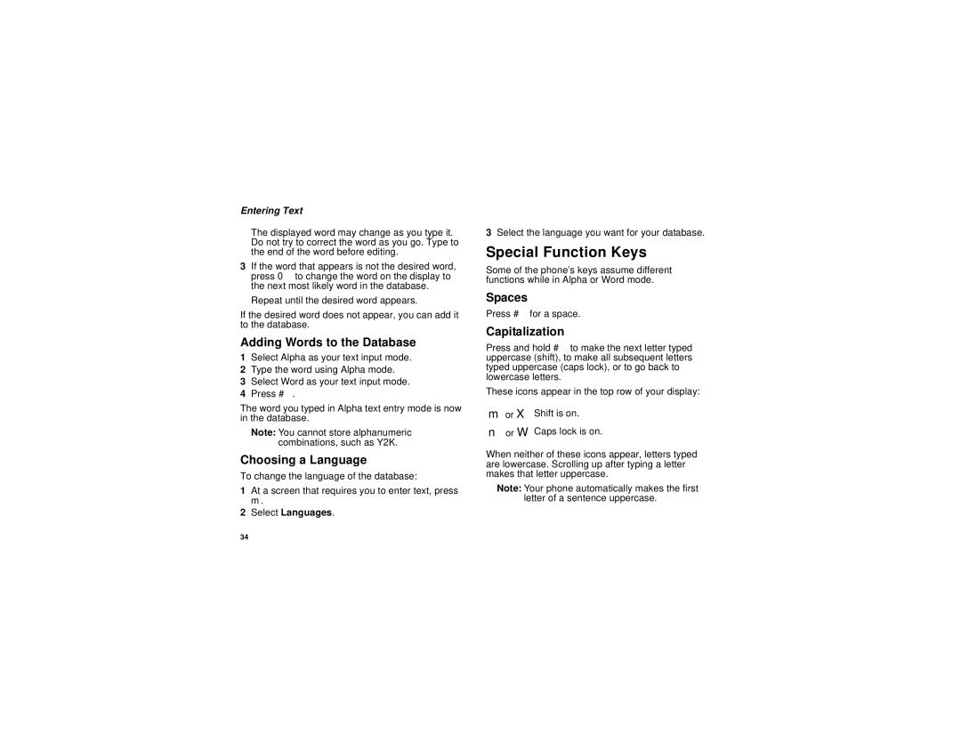 Motorola i736 manual Special Function Keys, Adding Words to the Database, Choosing a Language, Spaces, Capitalization 