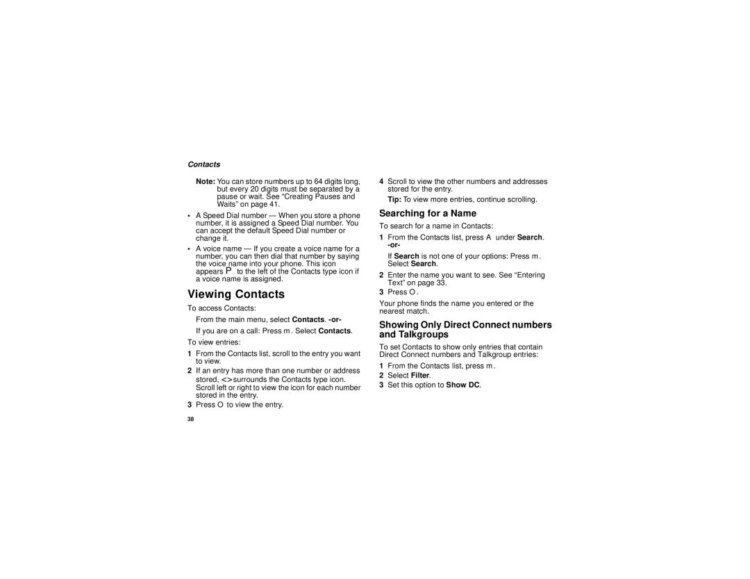 Motorola i736 manual Viewing Contacts, Searching for a Name, Showing Only Direct Connect numbers and Talkgroups 