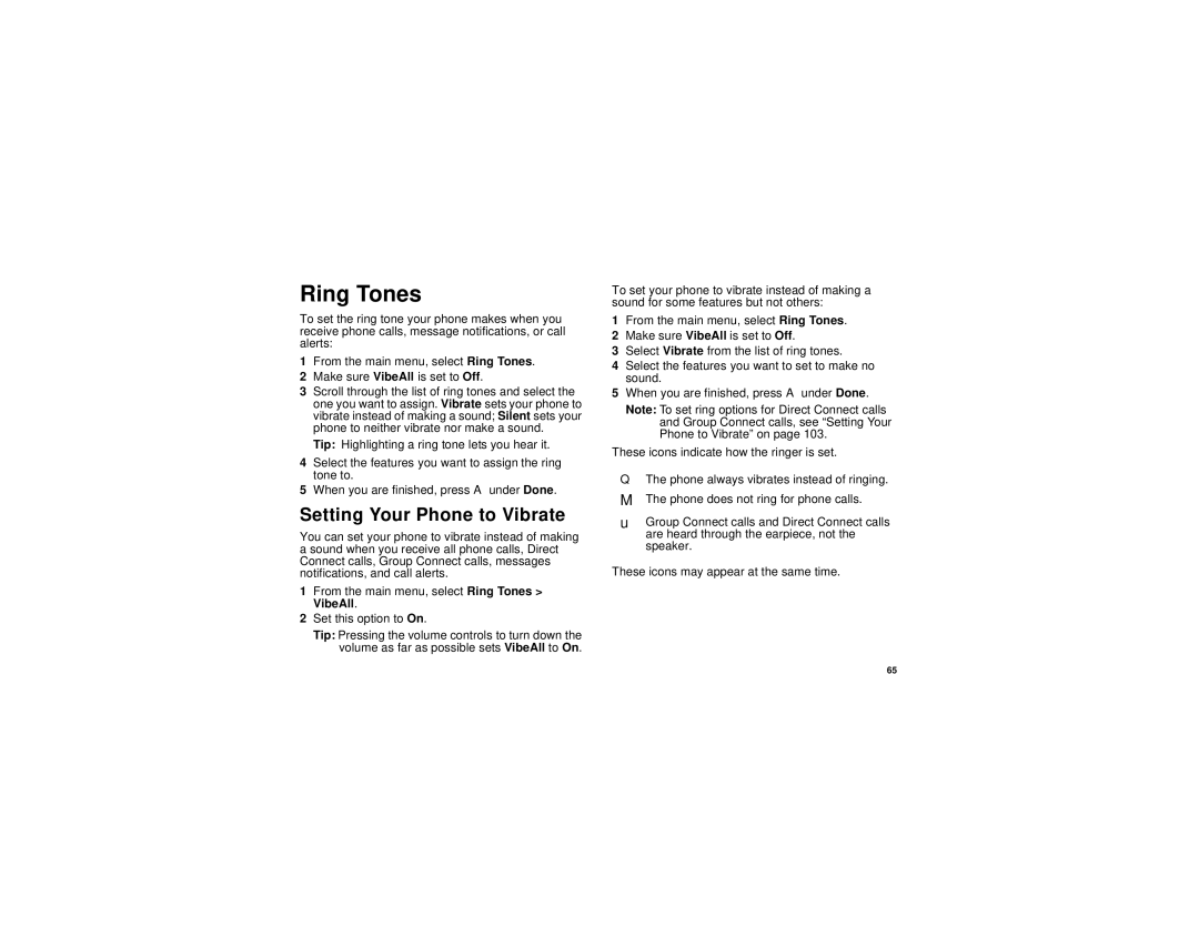 Motorola i736 manual Ring Tones, Setting Your Phone to Vibrate 