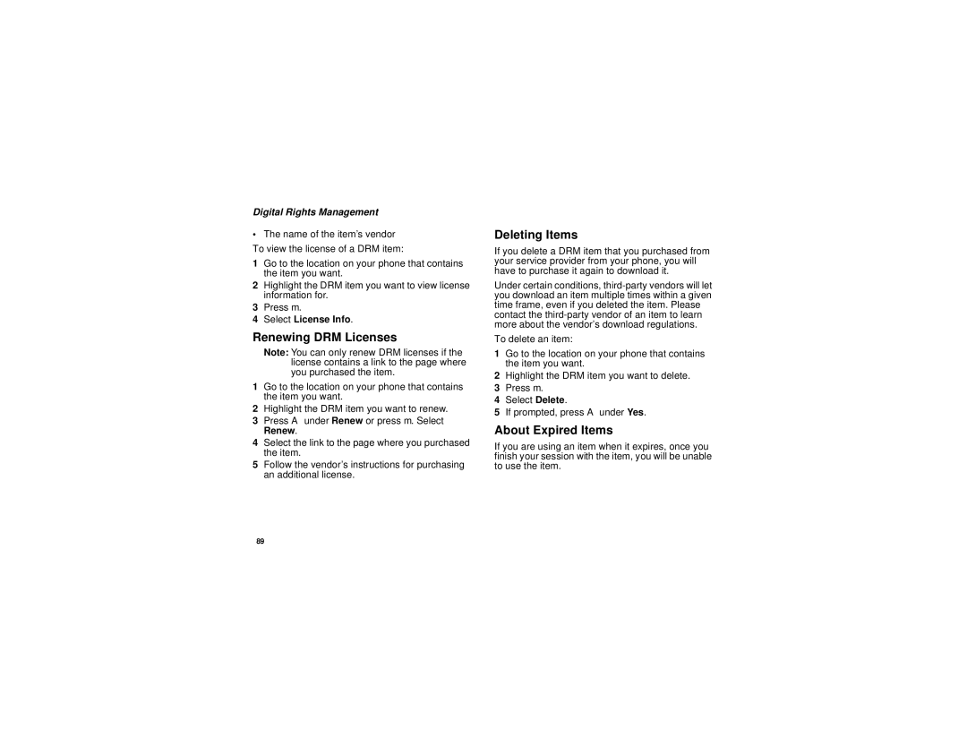 Motorola i760 manual Renewing DRM Licenses, Deleting Items, About Expired Items, Select License Info 