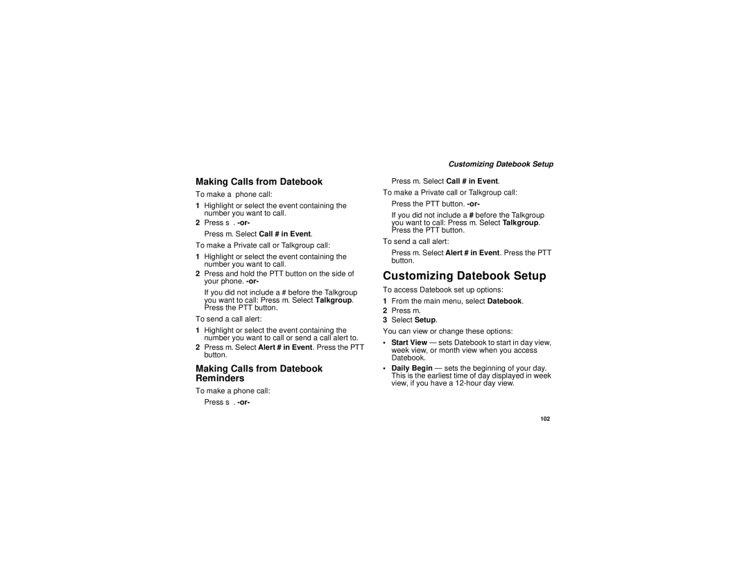 Motorola i760 manual Customizing Datebook Setup, Making Calls from Datebook Reminders 