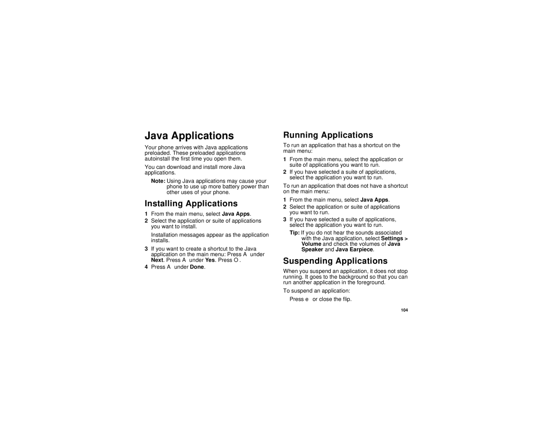 Motorola i760 manual Java Applications, Installing Applications, Running Applications, Suspending Applications 