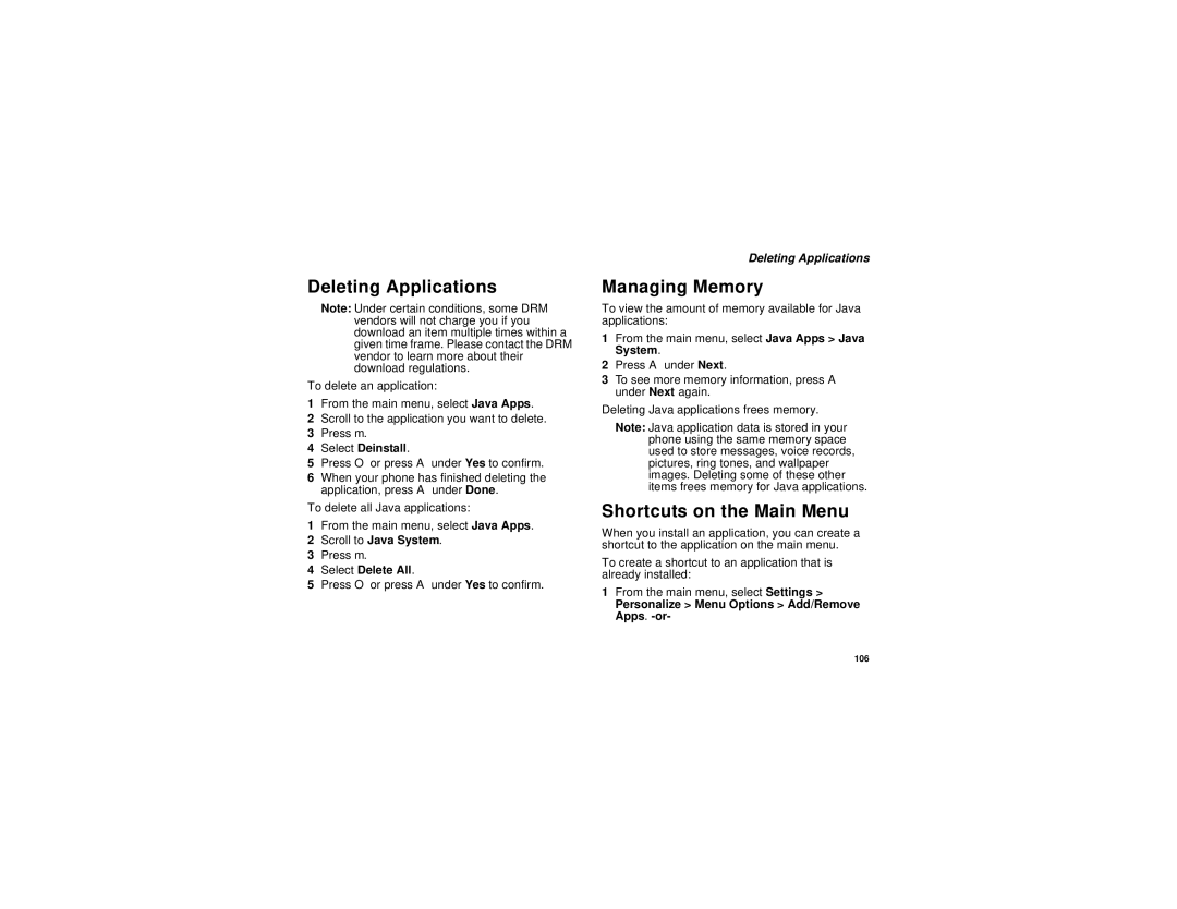 Motorola i760 manual Deleting Applications, Shortcuts on the Main Menu, Select Deinstall 