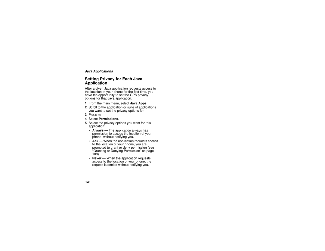 Motorola i760 manual Setting Privacy for Each Java Application, Select Permissions 