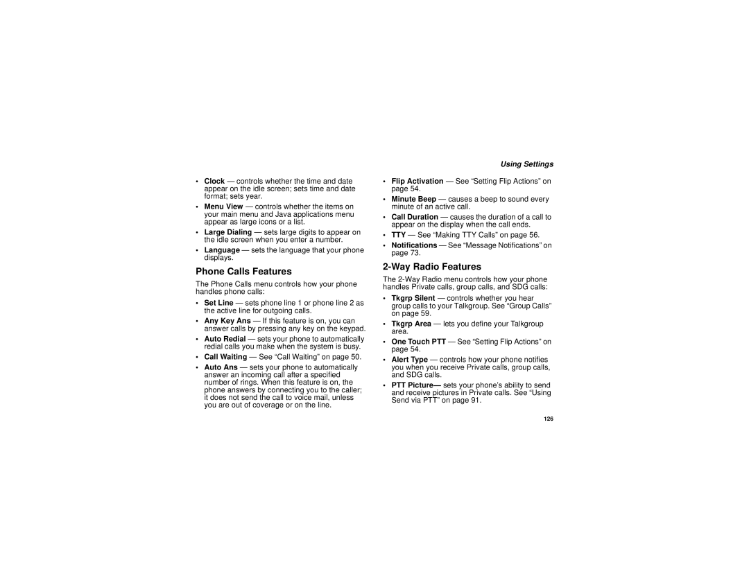 Motorola i760 manual Phone Calls Features, Way Radio Features, Using Settings 