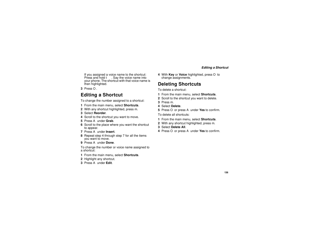 Motorola i760 manual Editing a Shortcut, Deleting Shortcuts 