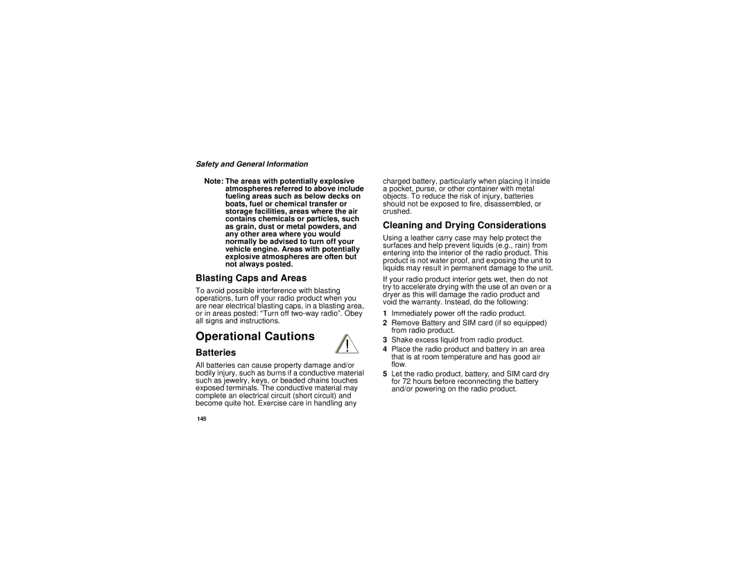 Motorola i760 manual Operational Cautions, Blasting Caps and Areas, Batteries, Cleaning and Drying Considerations 