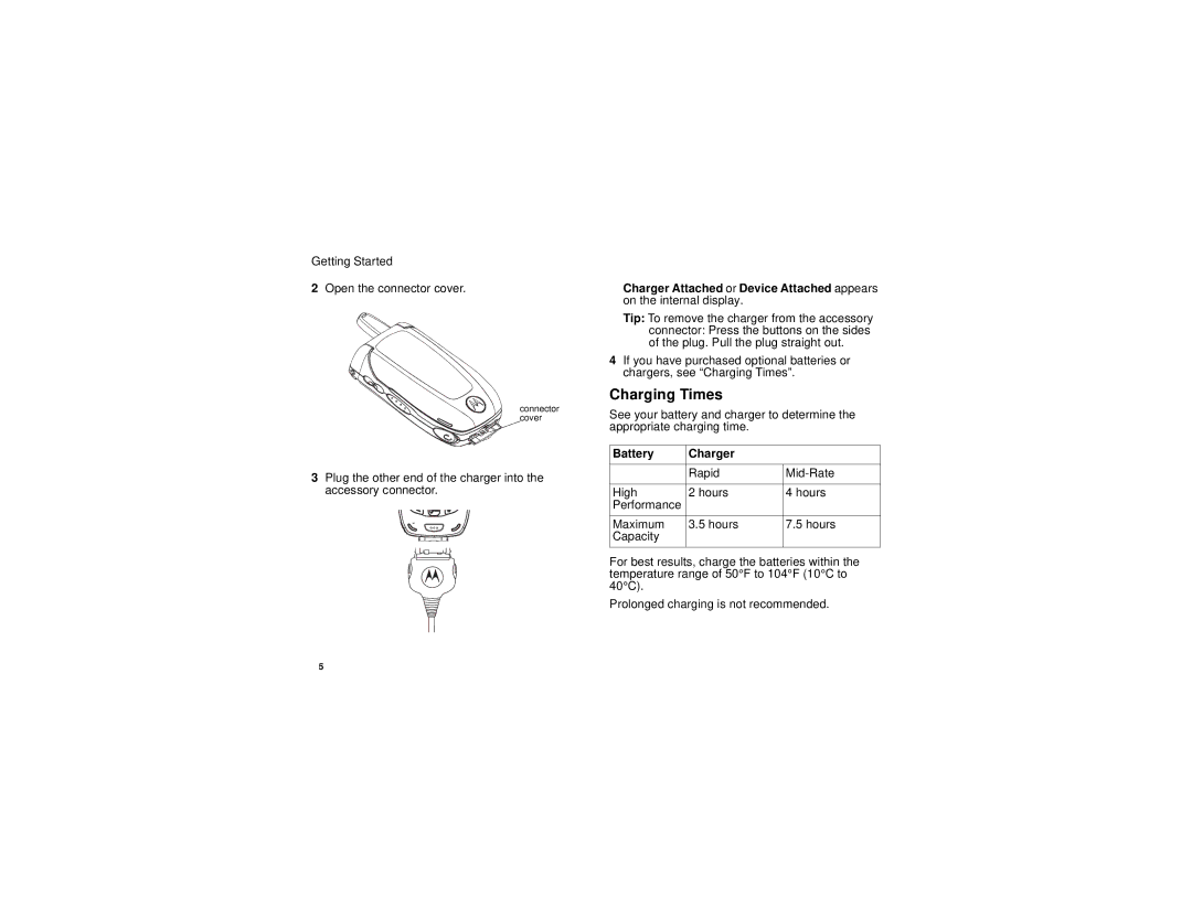 Motorola i760 manual Charging Times, Battery Charger 