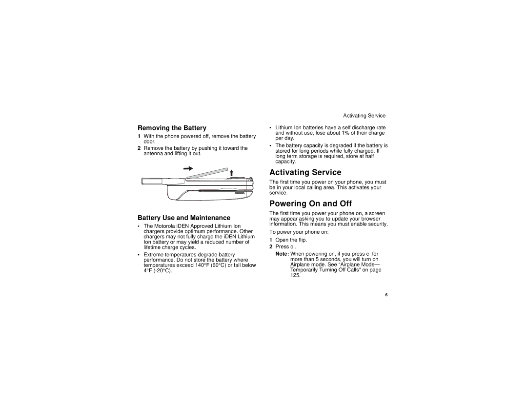 Motorola i760 manual Activating Service, Powering On and Off, Removing the Battery, Battery Use and Maintenance 