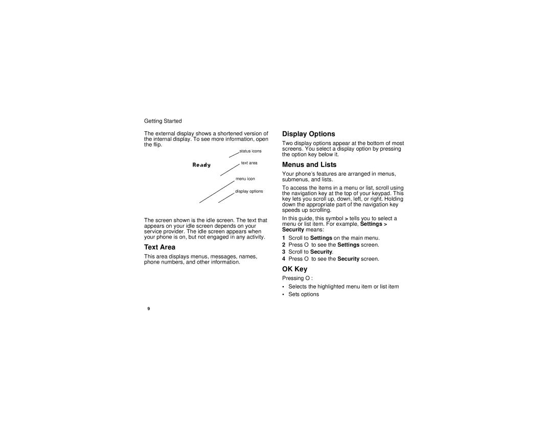 Motorola i760 manual Text Area, Display Options, Menus and Lists, OK Key 