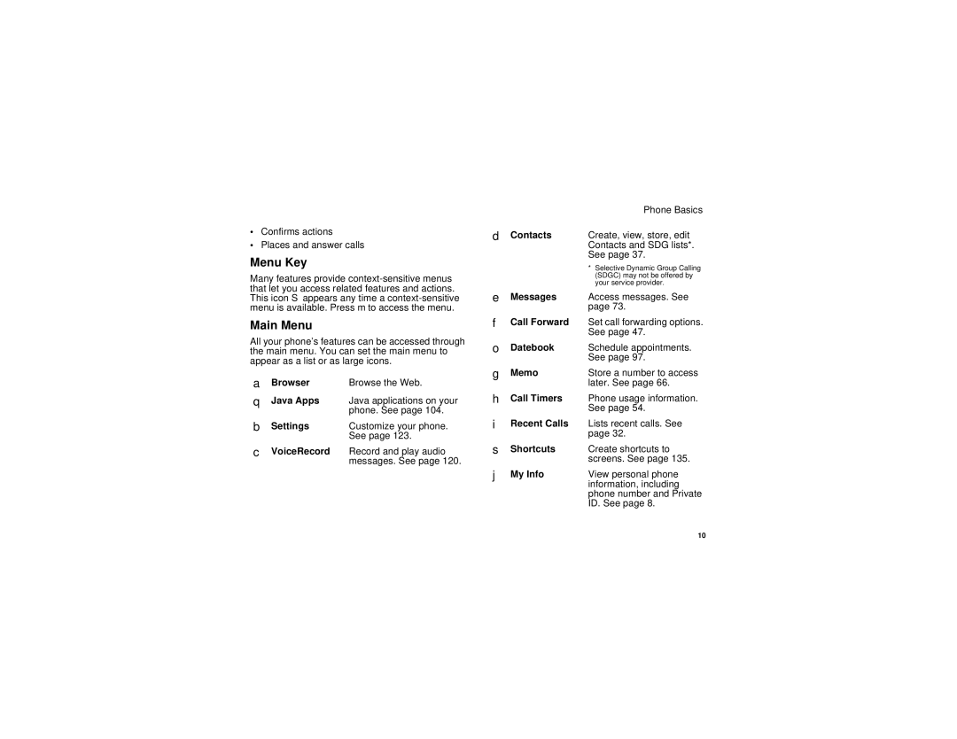 Motorola i760 manual Menu Key, Main Menu 