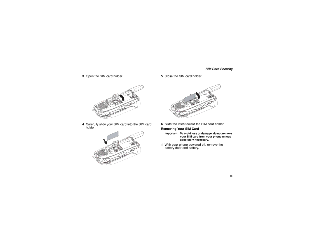 Motorola i760 manual Open the SIM card holder Close the SIM card holder, Removing Your SIM Card 